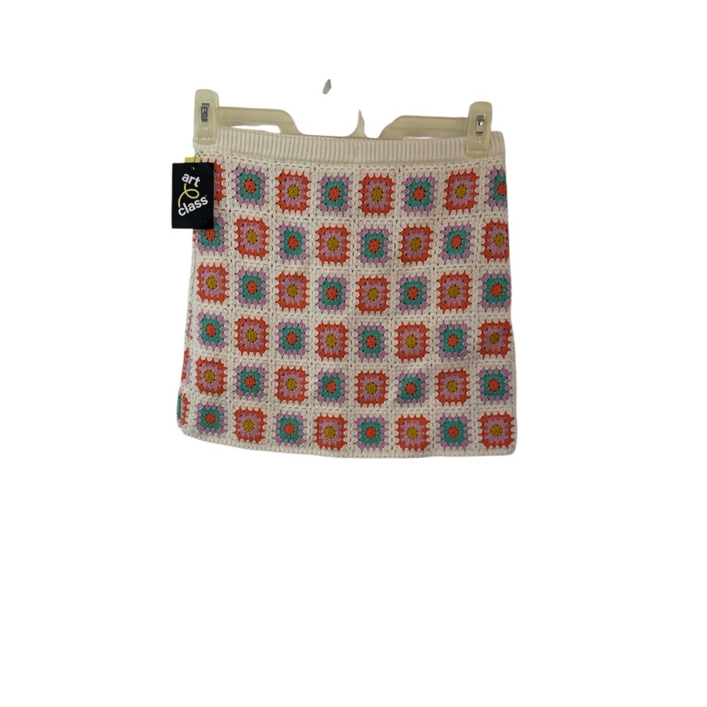 art class White Crochet Granny Square Mini Skirt with Pink & Teal Accents